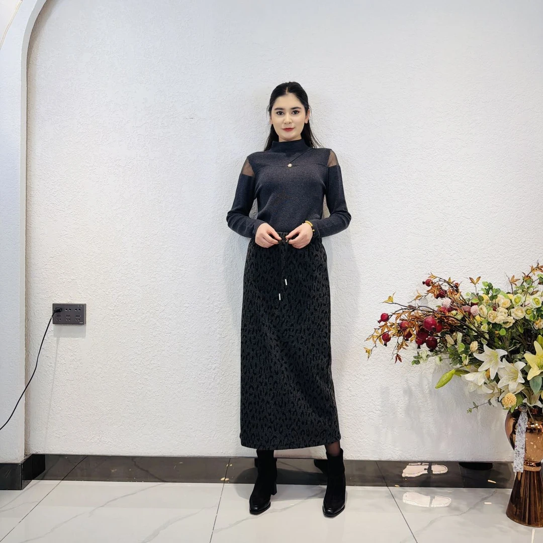 【PAHRIM】2026新款时髦高级感灰色豹纹直筒半身裙7886