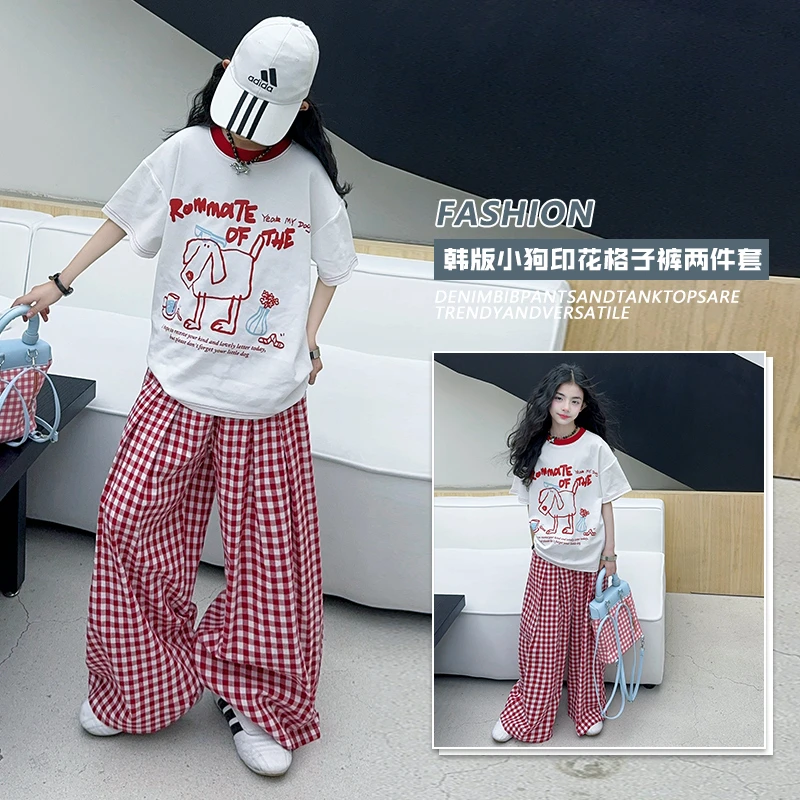 【毛妈潮牌】女童夏季宽松T格子裤两件套2025大童宽松洋气休闲套装