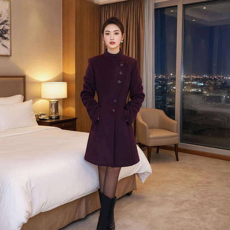 秋冬新款高奢赫本风斜排扣短款加棉款毛呢外套修身显瘦毛呢大衣