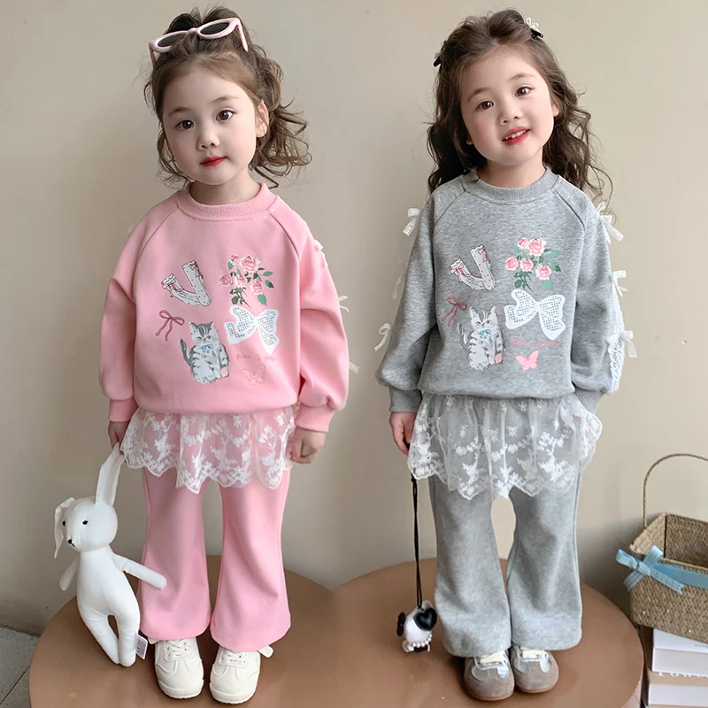 女童花边套装2025新款儿童春秋装韩版洋气女宝宝春季蝴蝶结两件套