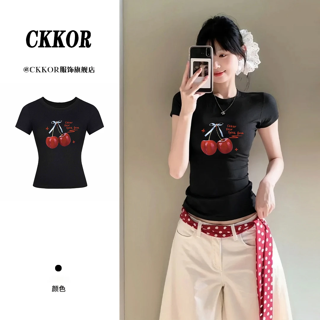 CKKOR韩版夏季新款修身圆领短袖显瘦女t恤甜辣妹纯欲风短款上衣服