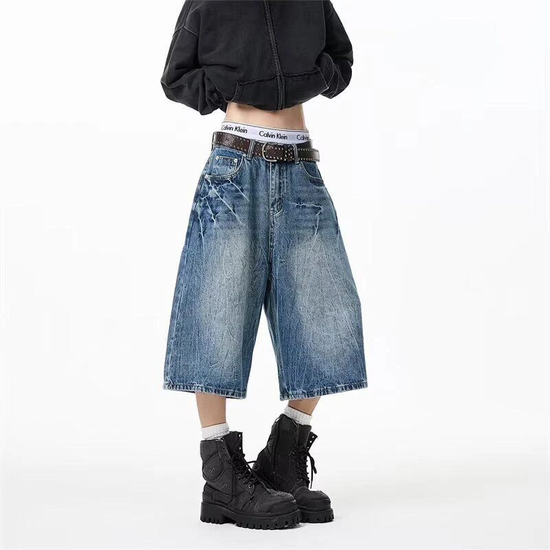 【美式复古+七分中裤+男女同款】ppge闪电纹牛仔夏季短裤宽松阔腿裤