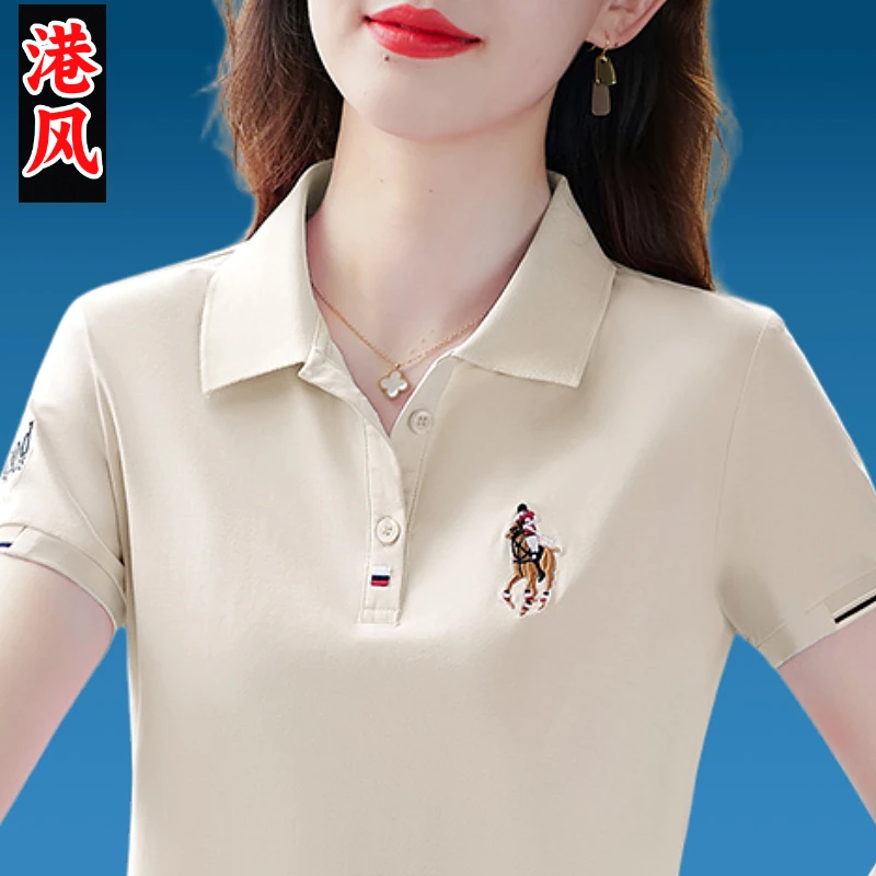 新款杏色翻领运动polo衫女夏季宽松中老年短袖t恤女显瘦上衣百搭