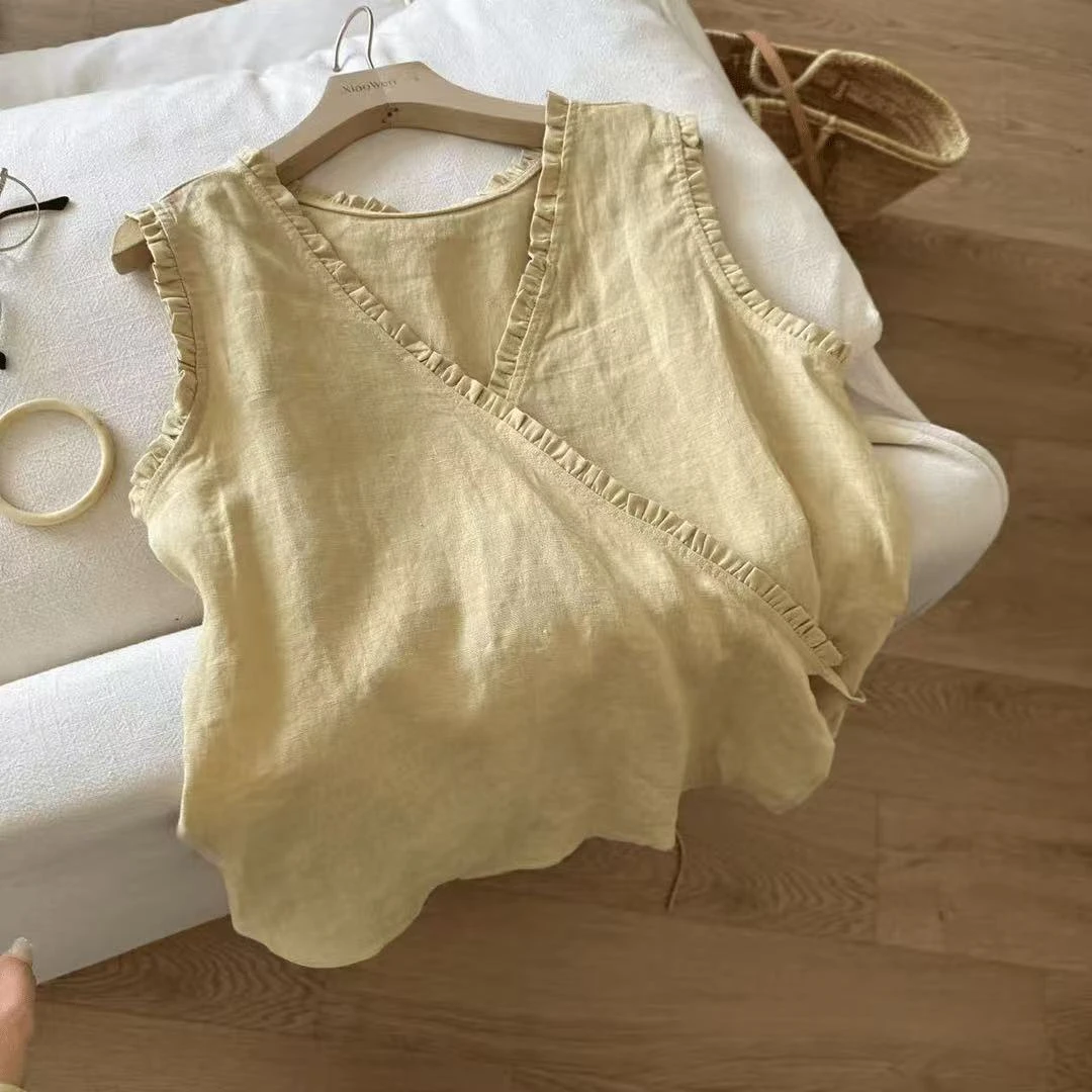 韩版百搭小众V领木耳边无袖背心女2025夏季新款女士通勤无袖上衣