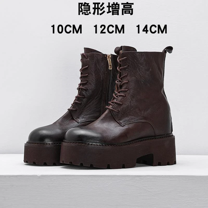 14公分内增高马丁靴小个子12CM复古水洗手工马皮靴子厚底大头短靴