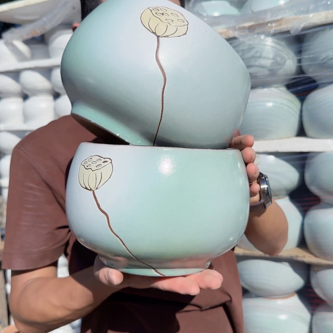 紫砂花盆口19高15（两个莲子天青拼