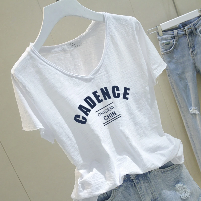 抗起球V领短袖欧美风显瘦夏季竹节棉T恤白色t恤时尚简约款打底衫