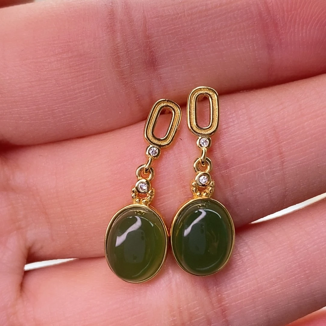 和田玉银S925镀金镶嵌耳饰