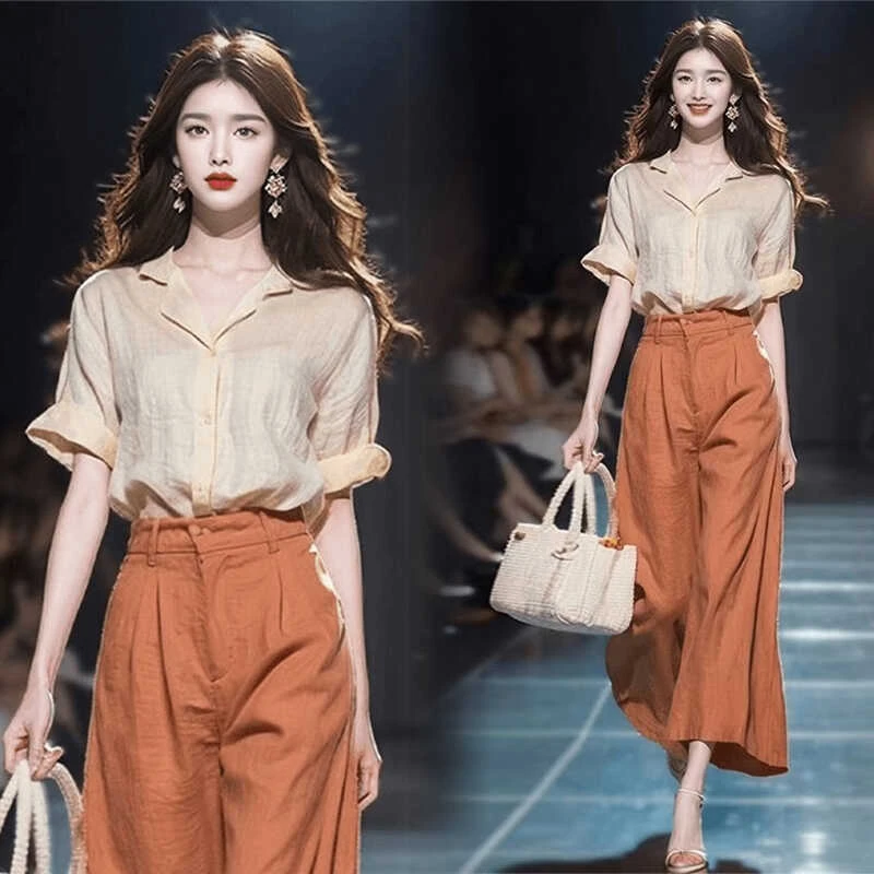 通勤显白气质一整套2025新款夏季翻领短袖衬衫+垂感阔腿裤两件套