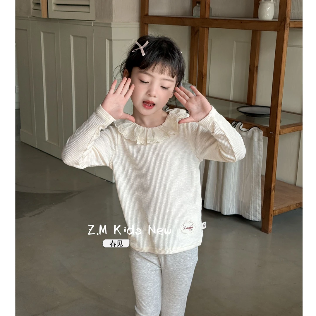 【春见】2025春季儿童娃娃领T恤翻领纯色打底衫女童上衣G-12415