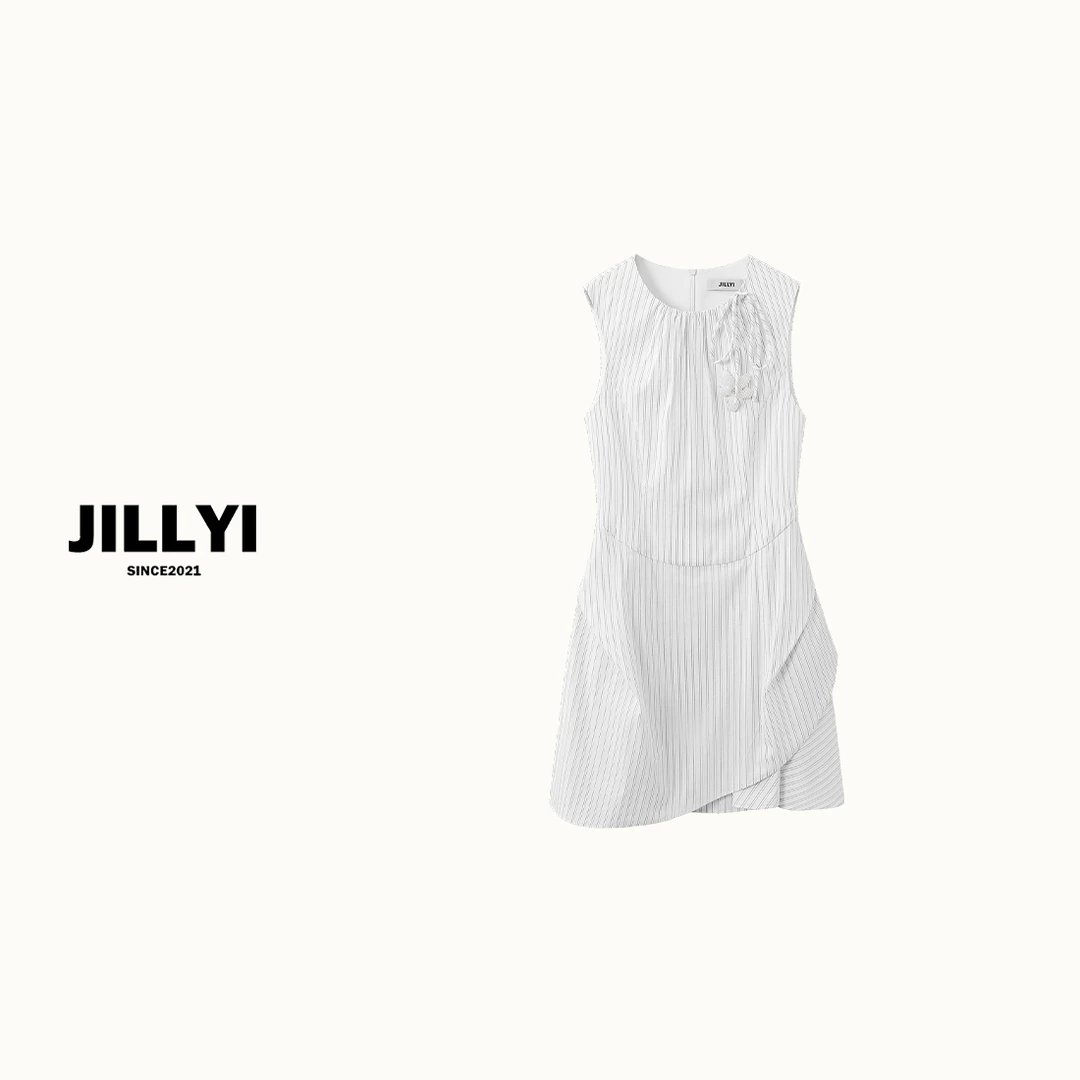 JILLYI【曼哈顿名媛】白色条纹圆领直筒型休闲风无袖时尚连衣裙