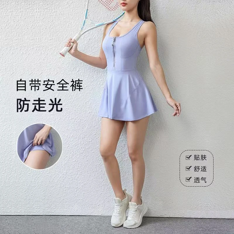 运动健身前拉链一体杯带内衬性感跑步健身运动瑜伽网球裙