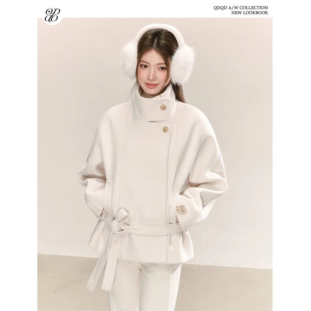 QDQD 气质高级感立领毛呢外套秋冬新款系带收腰显瘦气质白色大衣