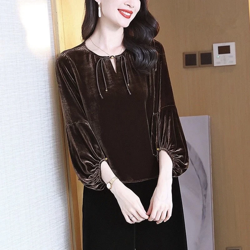 9021#圆领金丝绒上衣宽松七分灯笼袖遮臀遮肚衬衫2025秋季