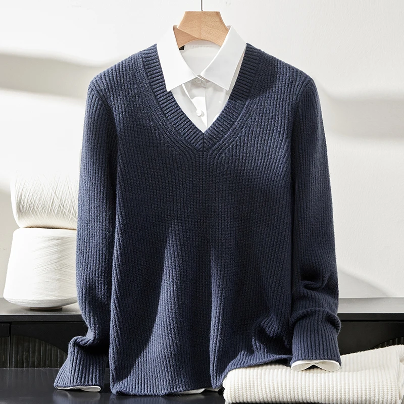 加厚V领羊绒衫男秋冬套头保暖针织羊绒毛衣