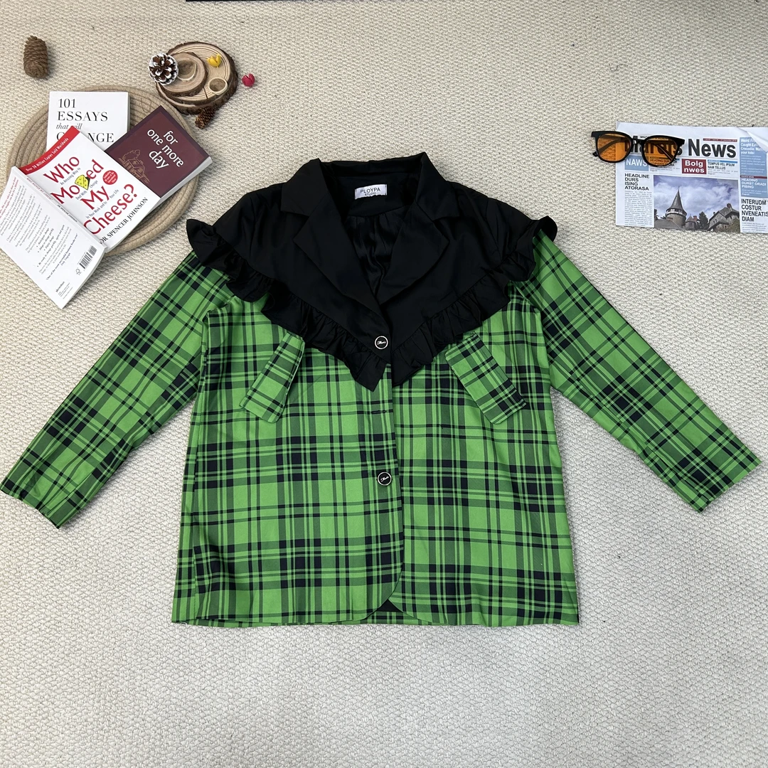 2025早春新款休闲宽松百搭格子拼色荷叶边长袖衬衫外套9080