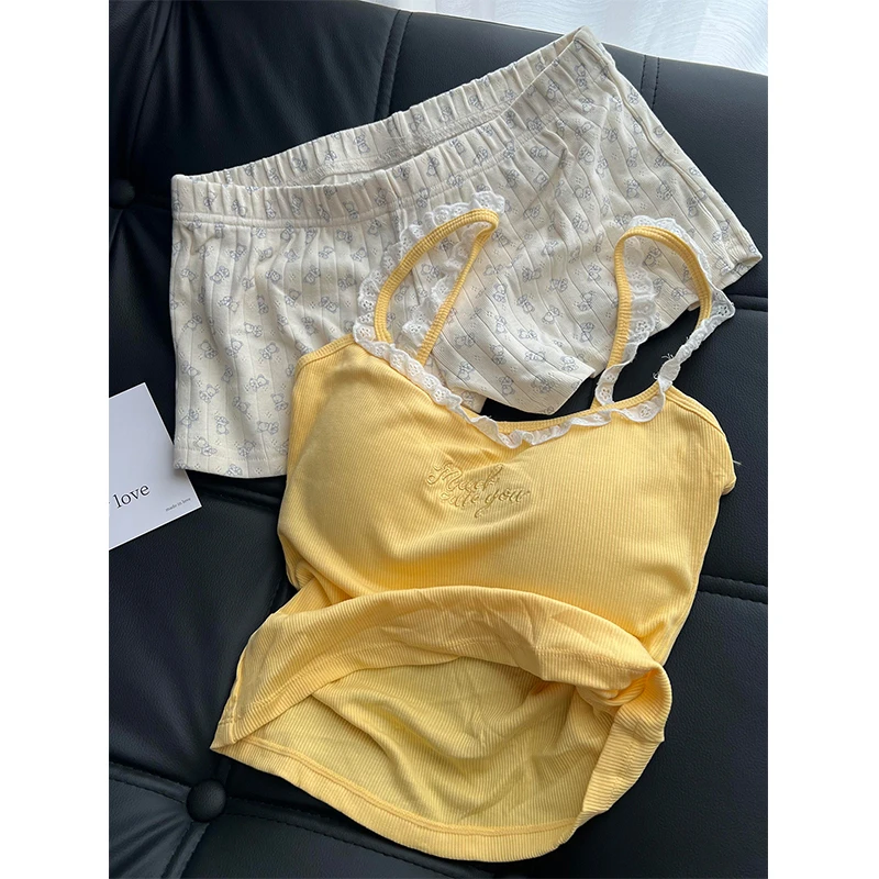 【纯色花边】韩系可爱休闲睡衣女夏季新款吊带短裤家居服套装可外穿