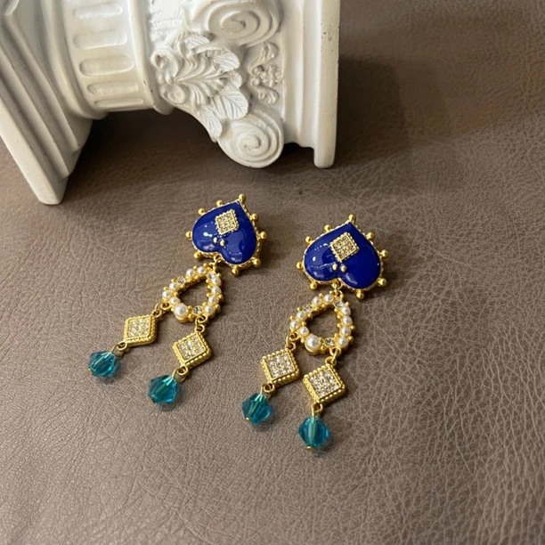 铜合金耳饰 V娜苏流苏爱心系列手工气质蓝色中古长款设计师