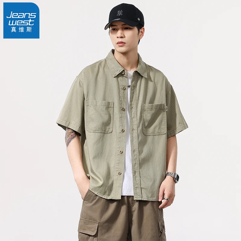 Jeanswest/真维斯莱赛尔半袖衫美式复古工装衬衣短袖夏季凉感衬衫
