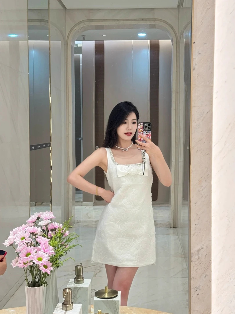 【CG-H】SP同款夏季新款优雅气质钻饰蝴蝶结薄纱蕾丝连衣裙短裙