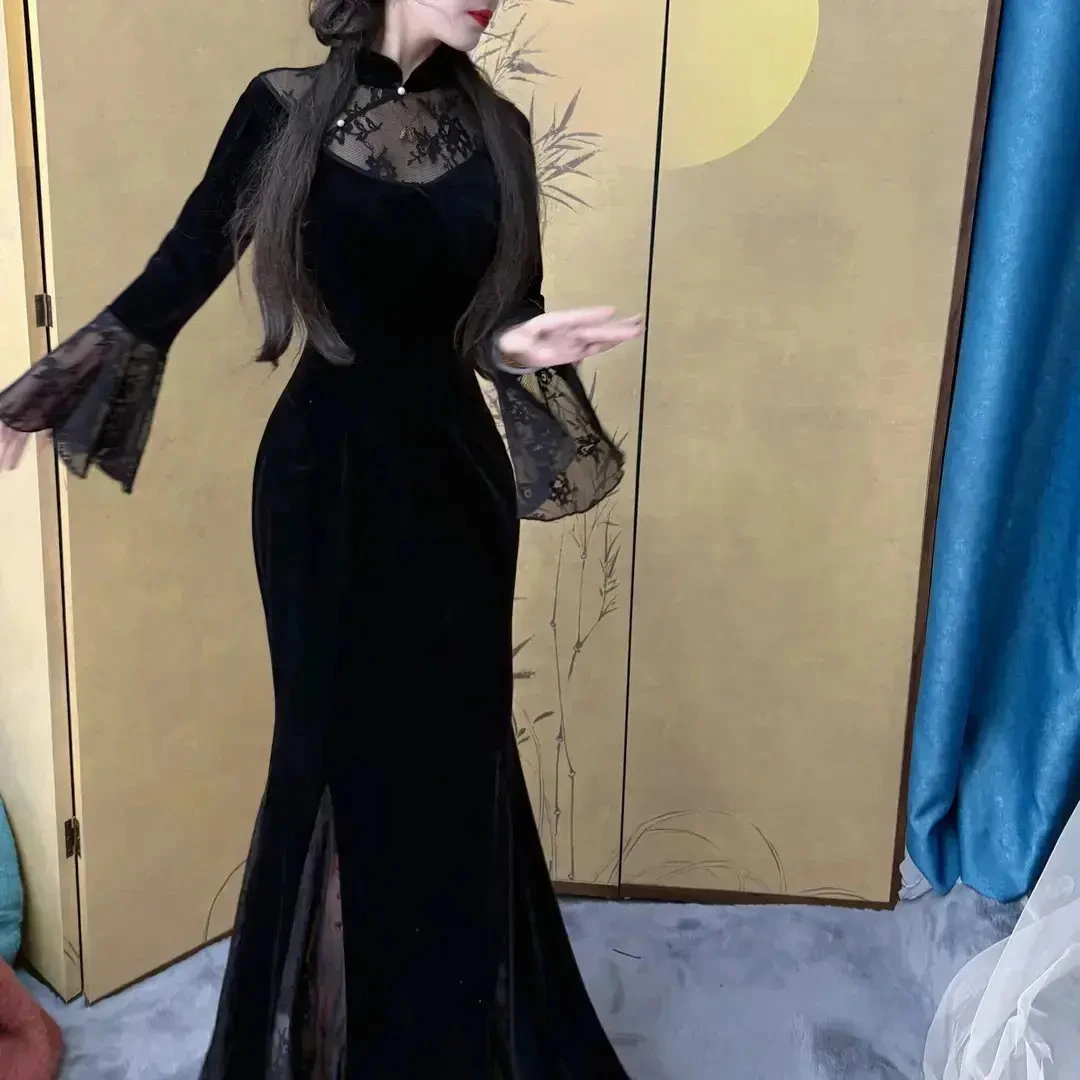 【奈柏上新】黑面舞者 原创自制纯欲丝绒蕾丝拼接鱼尾连衣裙