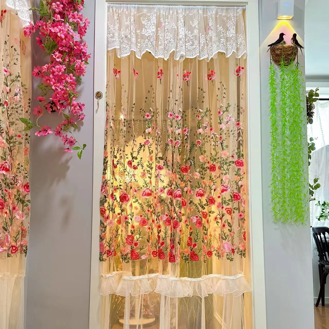 轻粉牡丹边碎免打孔安装隔断门帘纱帘蕾丝布艺卧室厨房隔断