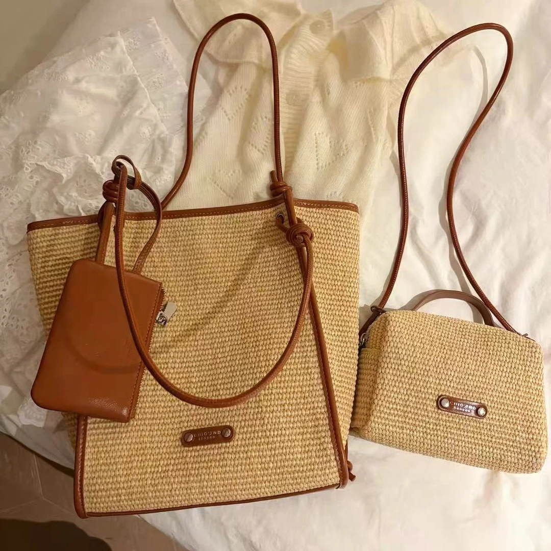 洲洲【里昂假日】跑单限购/南风托特编织包单肩草编子母包时尚