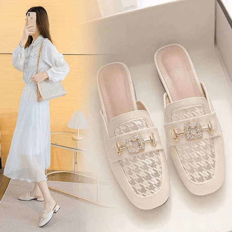 D包头半拖鞋女外穿2025年新款夏季中跟女鞋时尚穆勒鞋粗跟网红