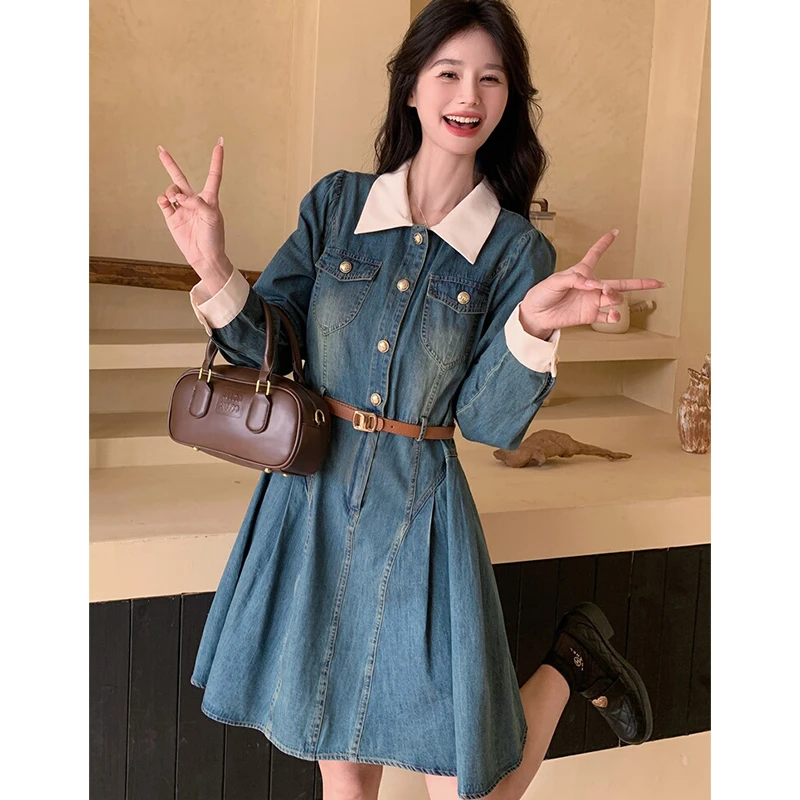 法式衬衫领牛仔连衣裙女春秋2025新款收腰显瘦高级感a字裙爆款