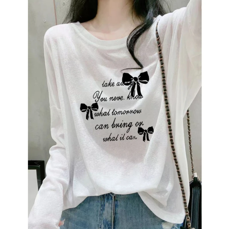 2025新款夏季宽白色小众冰丝上衣女松长袖t恤女薄款套头防晒罩衫