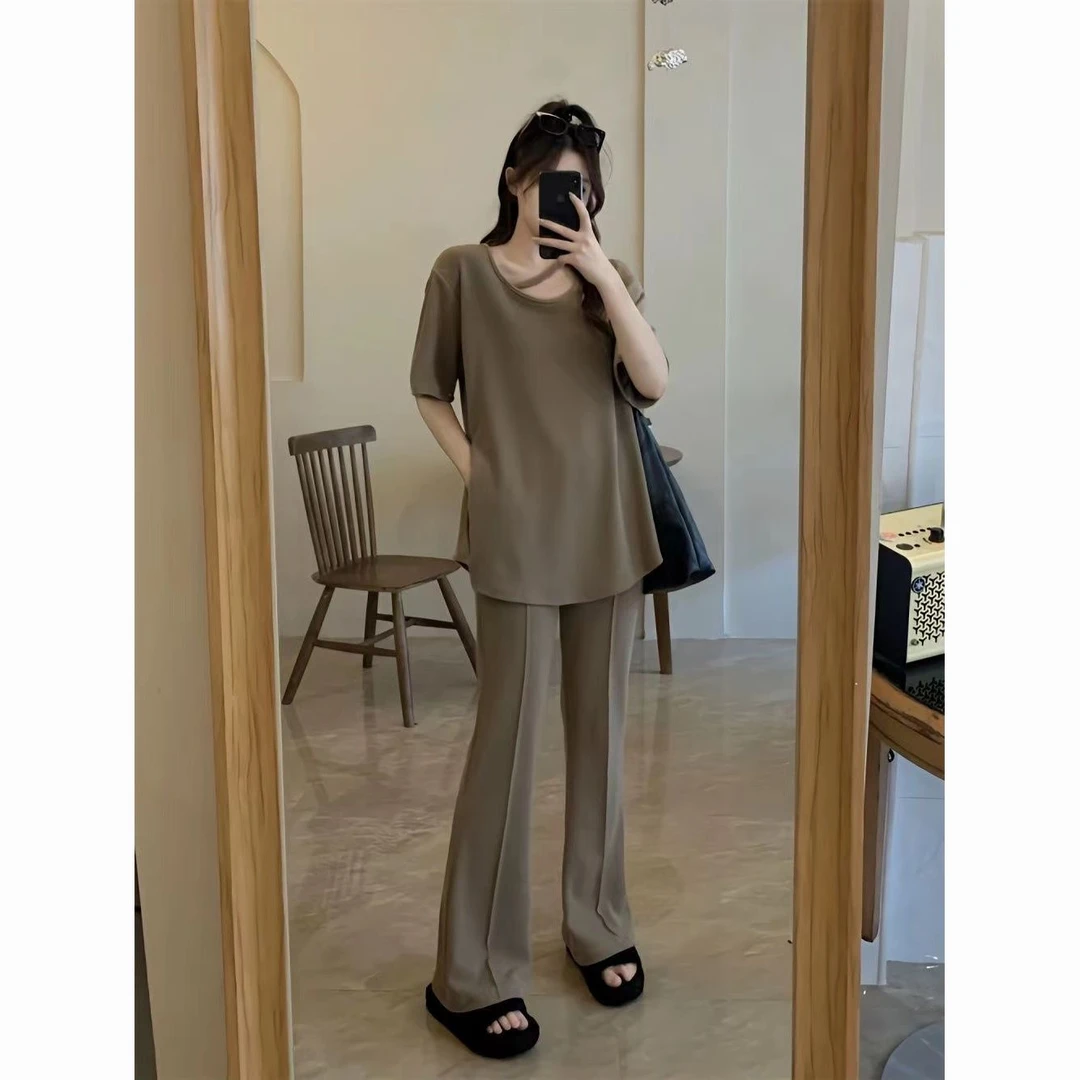 冰丝阔腿裤子短袖套装女夏季韩版减龄大码宽松百搭时尚显瘦俩件套