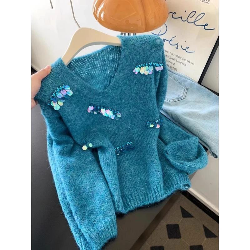 蓝色重工亮片v领套头长袖针织衫毛衣女2025新款早秋chic别致上衣