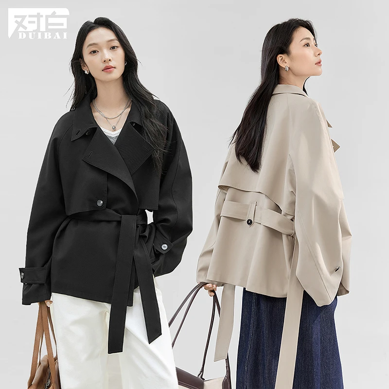 【达人专属】D01对白简约随性翻领短款风衣外套气质宽松上衣FDF015