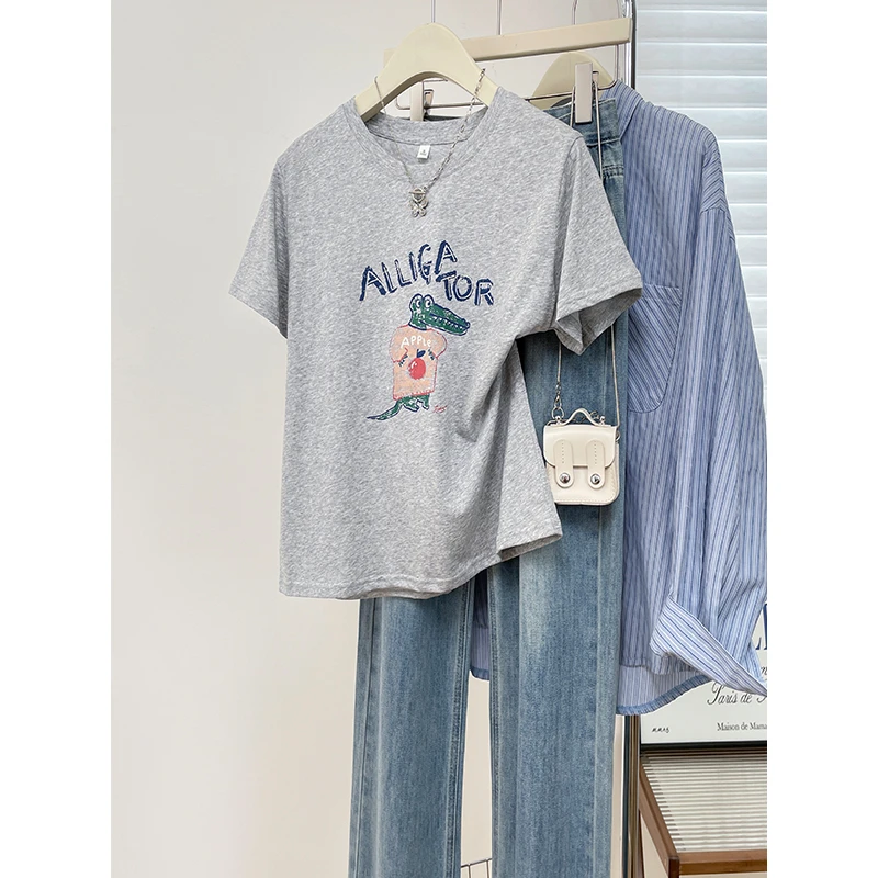 宽松休闲减龄印花短袖薄款透气冰凉雪花棉圆领t恤正肩显瘦ins女装