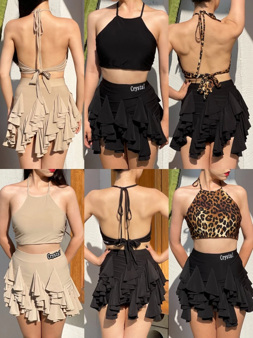 Crystal挂脖吊带蛋糕裙拉丁练功服立体褶皱短裙带底裤动感网红