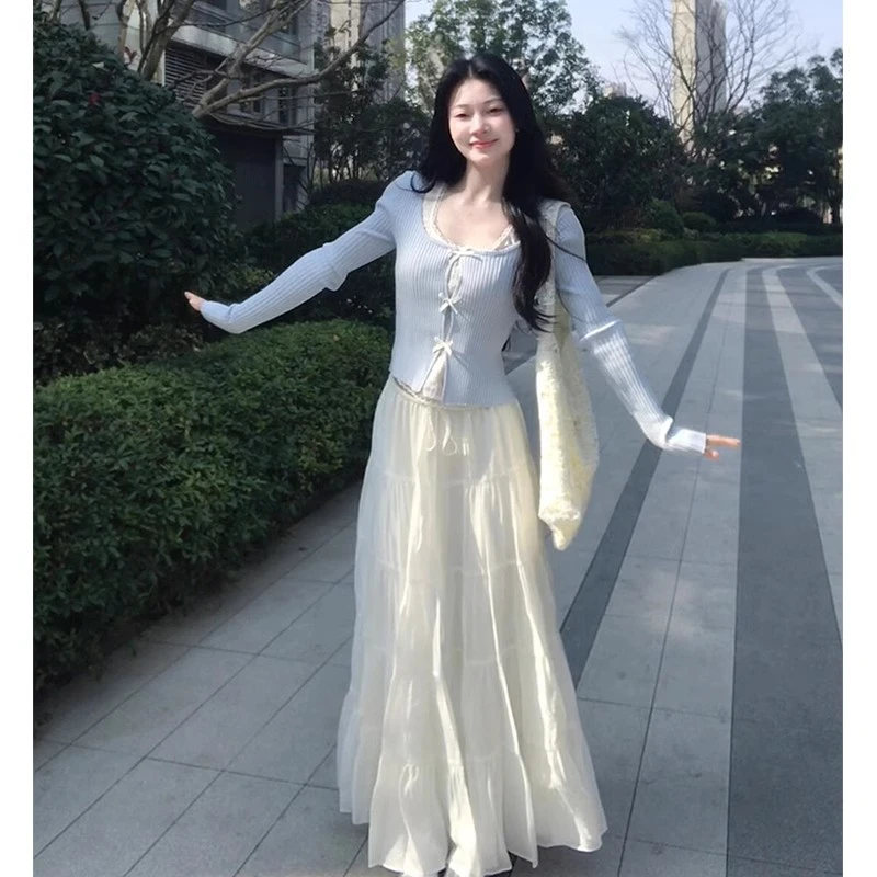 开春穿搭一整套韩系高级感温柔风长袖开衫半身裙两件套装2025新款