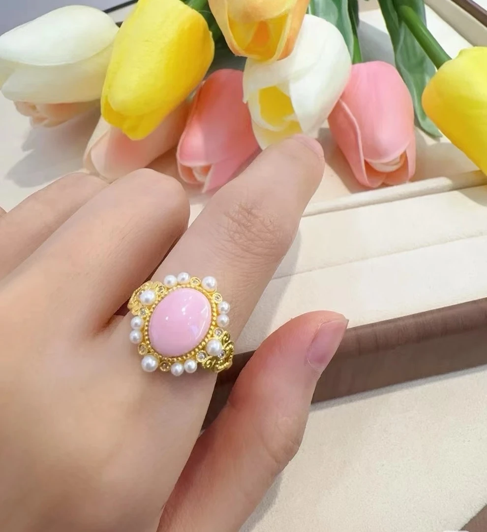 足金999黄金戒指古法满珠贝系列少女粉戒指开口可调节