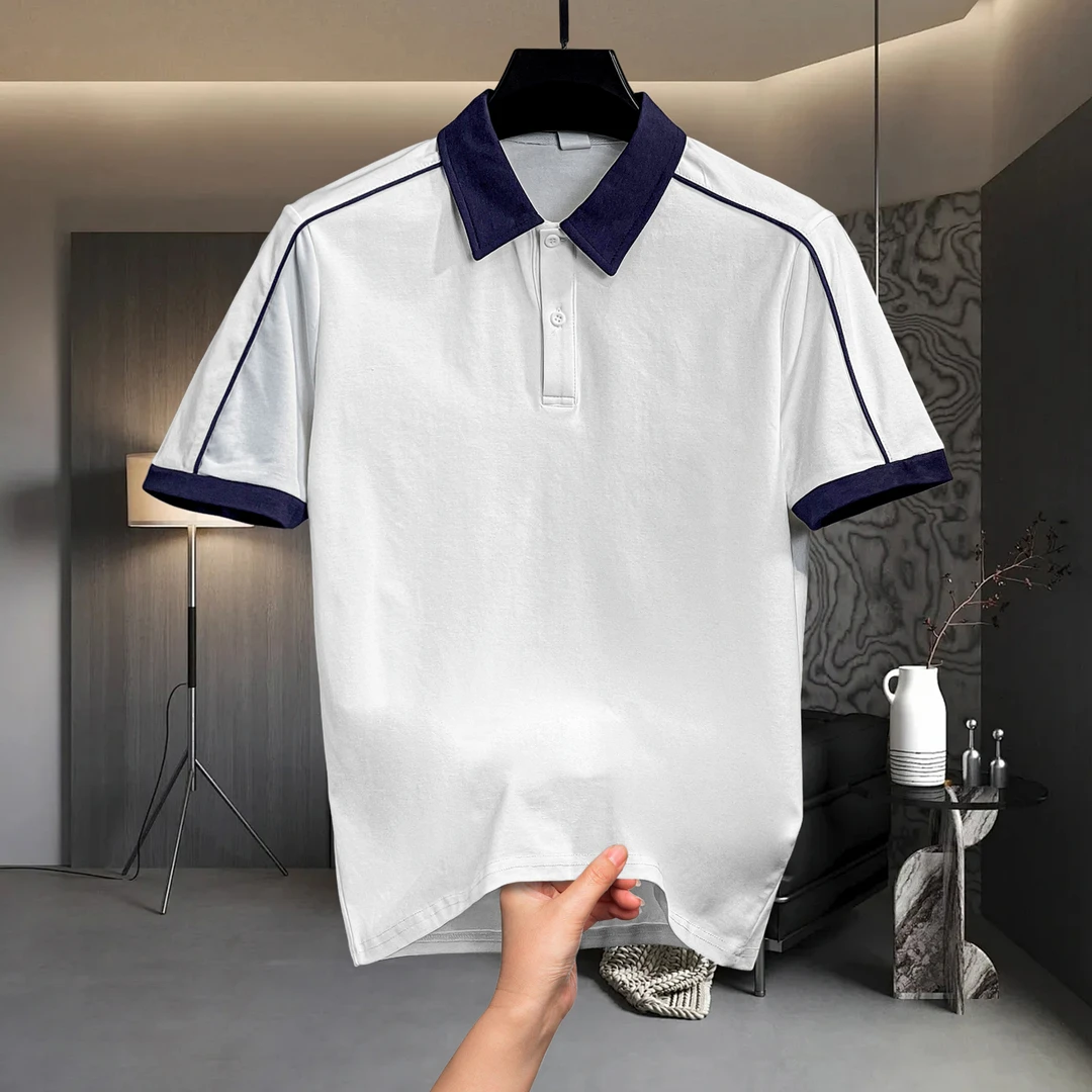 夏季水洗条纹常规翻领短袖欧美简约半袖上衣Polo衫宽松半袖衬衫领