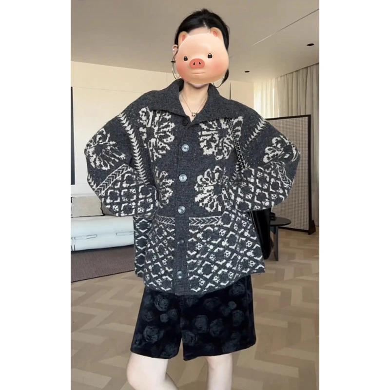 复古北欧风费尔岛灰色高领毛衣外套女秋冬加厚保暖慵懒风针织开衫