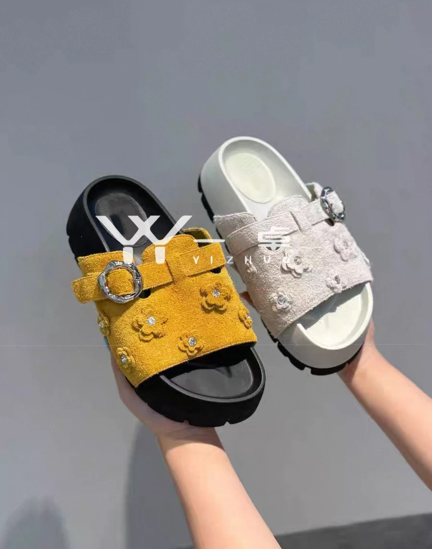 欧货夏季皮带扣厚底花朵磨砂皮露趾一字拖鞋女80001