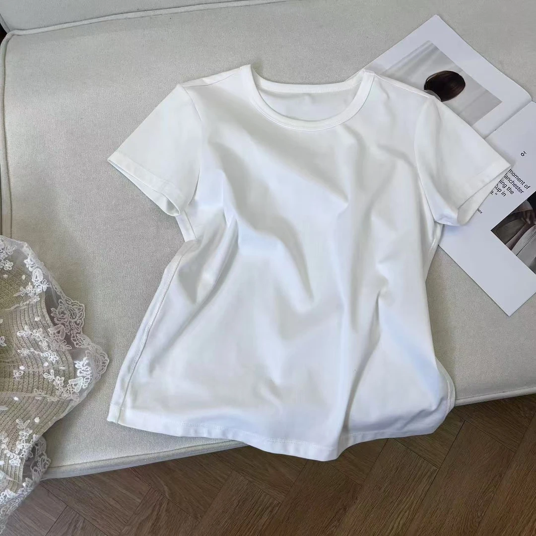 复古简约风时尚简约气质百搭u领纯色短袖T恤H5898