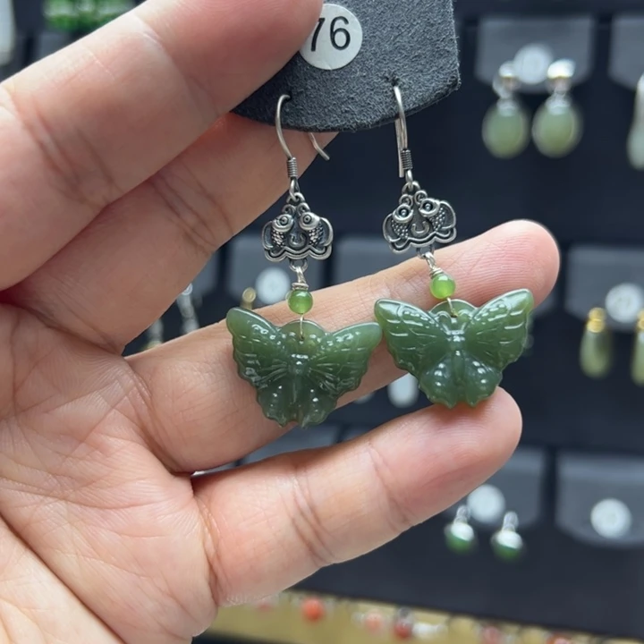 和田玉银S925镶嵌耳饰