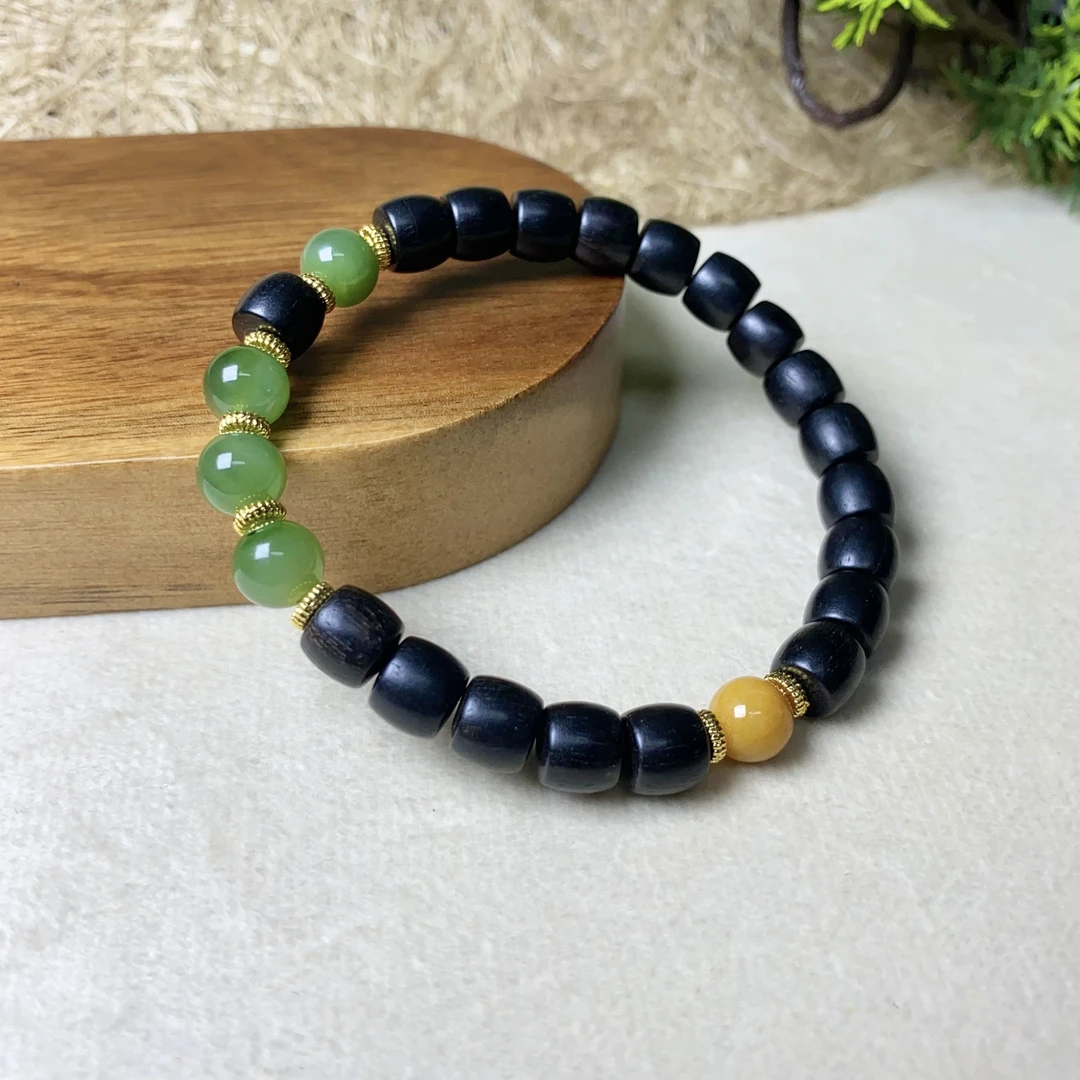 天然和田玉碧玉木木单圈手串手链 珠径8mm 01079