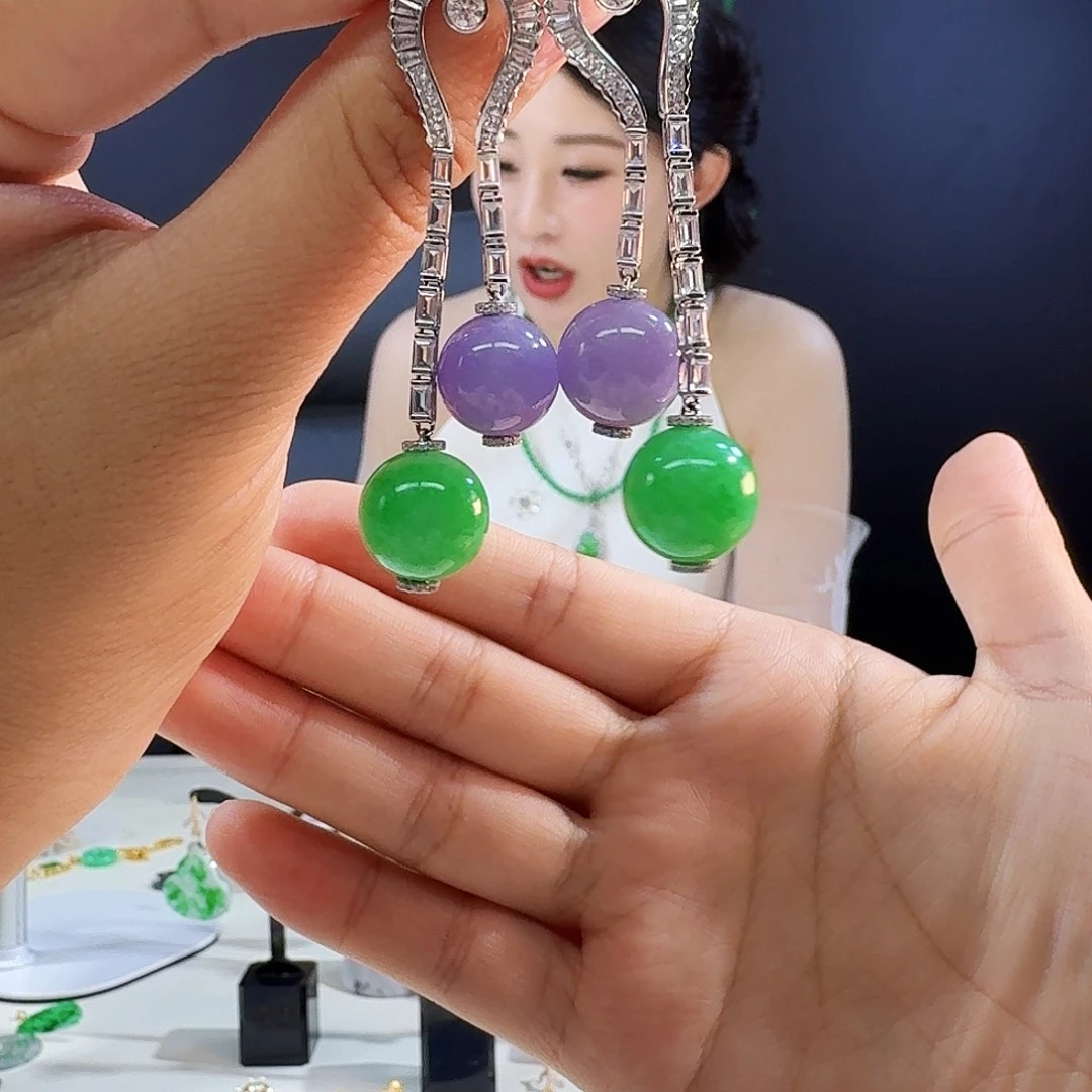 水***钻翡翠18K金镶嵌耳饰18k镶嵌