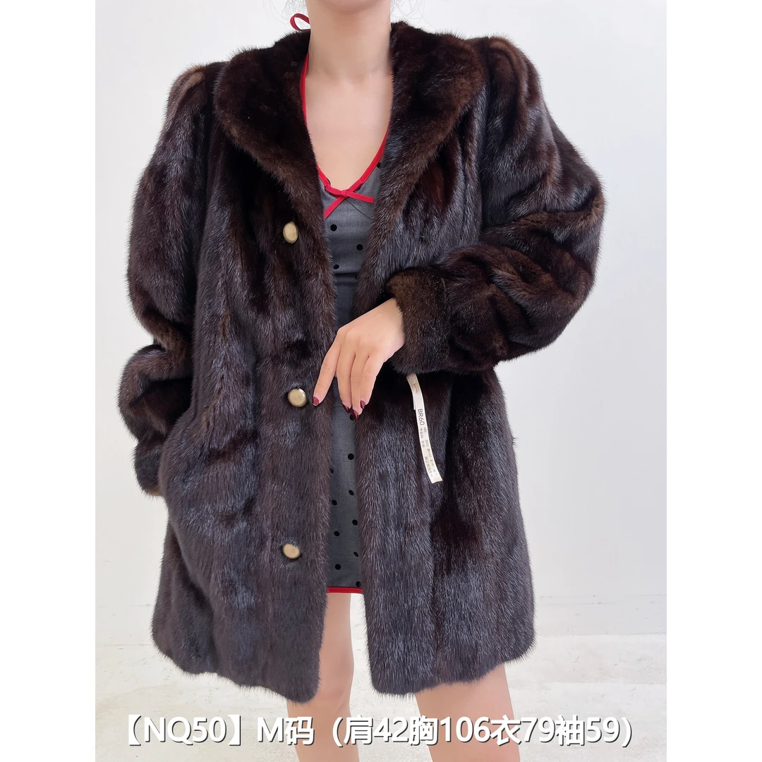 【NQ50】M 中古棕中长款全抽水貂毛外套女 翻立领泡泡袖 15050