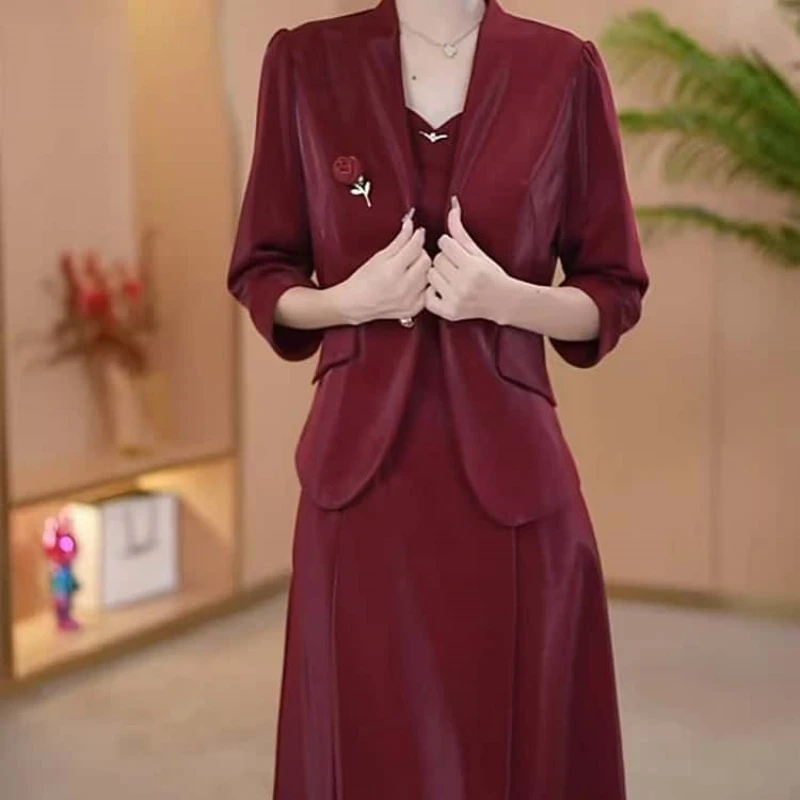 A362【外套+连衣裙】2025早秋新款时尚优雅喜宴妈妈装显瘦两件套装