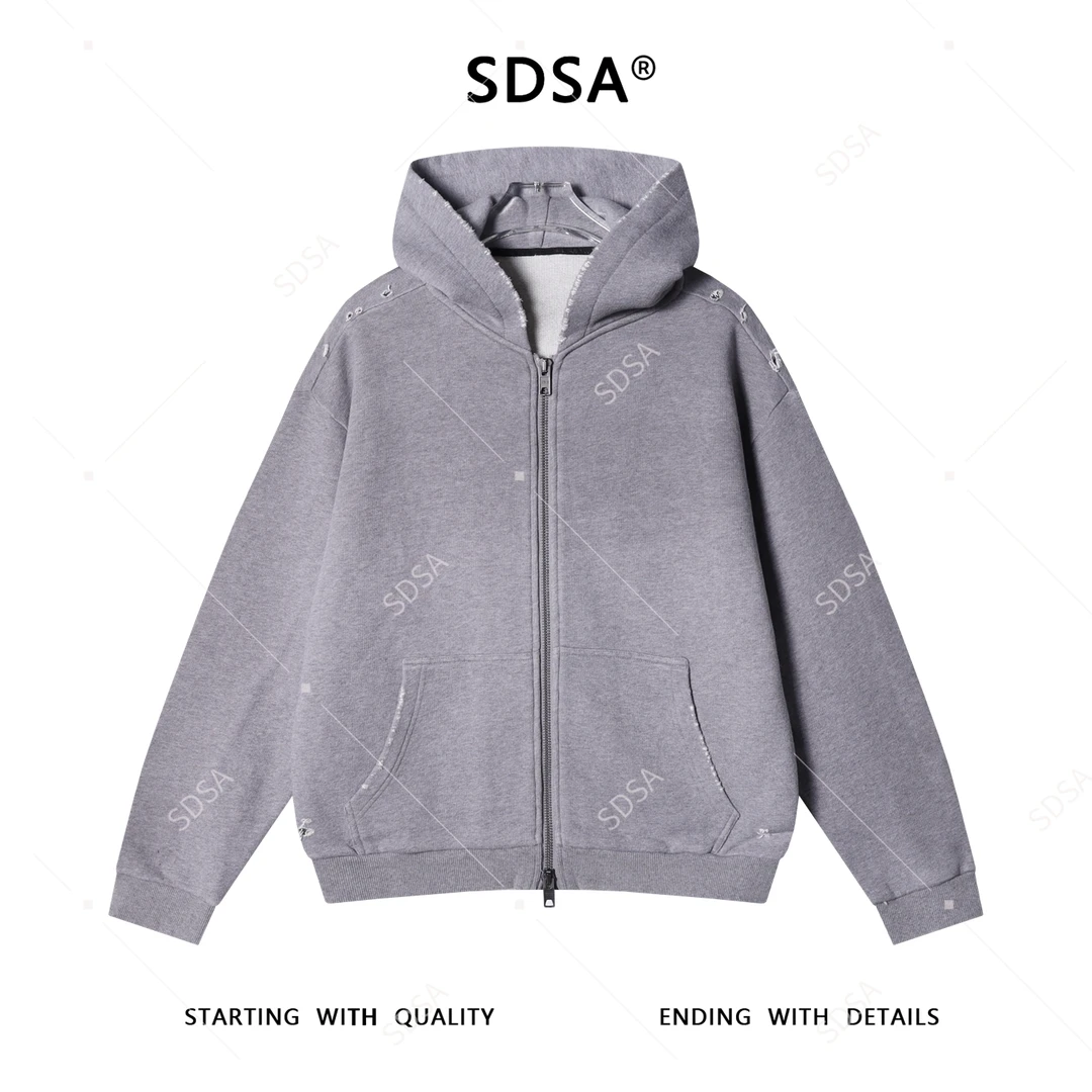 SDSA男士秋冬新款痞帅男装潮牌磨破拉链连帽卫衣百搭开衫外套时尚