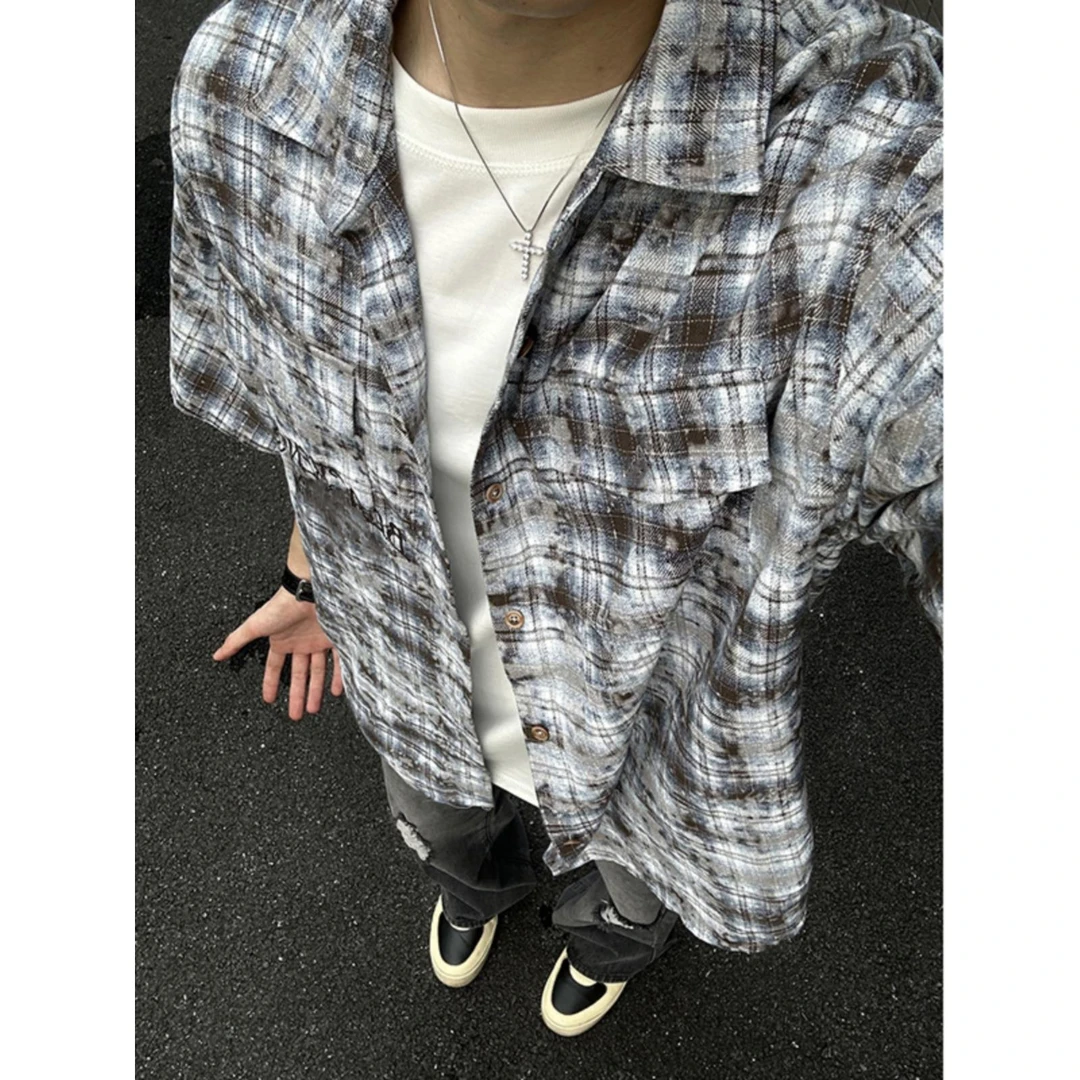 扎染格子衬衫短袖男夏季ootd穿搭格纹上衣高级感痞帅休闲半袖衬衣