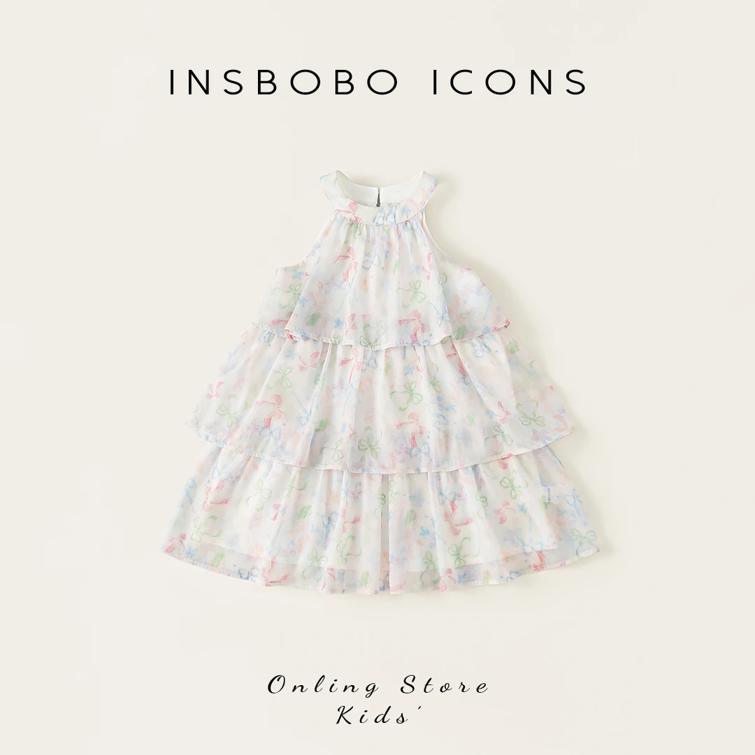 INSbobo女童挂脖连衣裙夏季裙子蝴蝶结满印无袖连衣裙XQ65055A