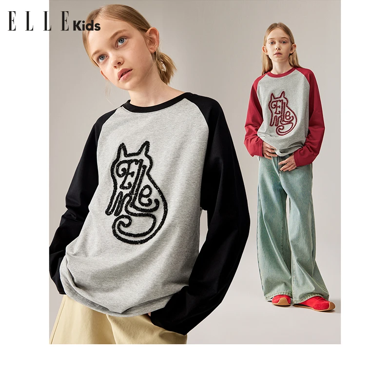 ELLE KIDS 猫猫珠片长袖T恤女童秋季新款绣花撞色插肩休闲上衣F1